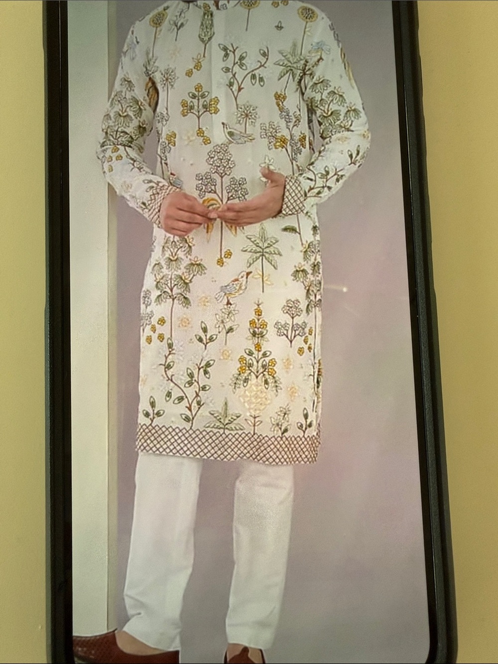 Men's White Floral Printed Kurta with White Chinos